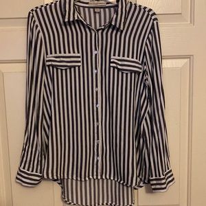 Grey and White striped long sleeve rayon button up blouse-casual